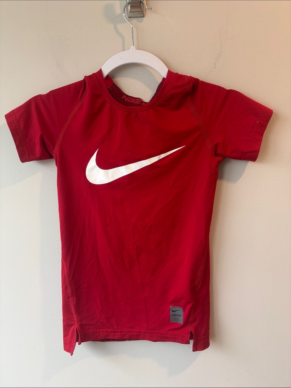 Nike Pro Red Short Sleeve Athletic Tee with White Swoosh child size M